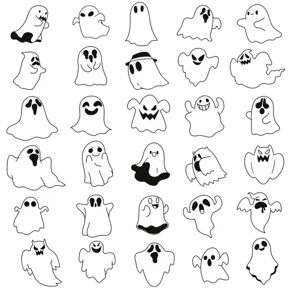 Roztomilé Duchy Ikony Halloween Design Set Kawaii Barevné Sbírky Duchů — Stockový vektor