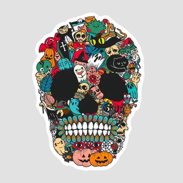 Adesivo Teschio Disegnato Mano Fatto Mostro Divertente Festa Halloween — Vettoriale Stock