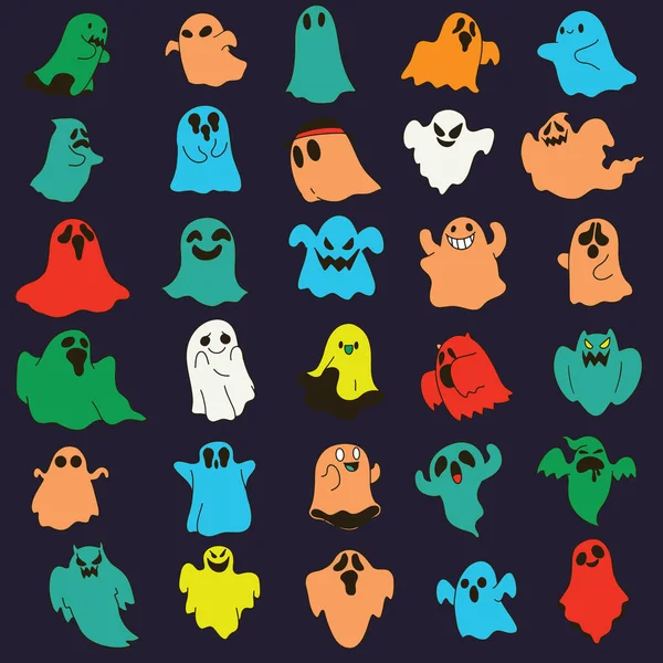 Симпатичные Привидения Дизайнерский Набор Хэллоуин Коллекция Цветных Привидений Kawaii Каждая — стоковый вектор