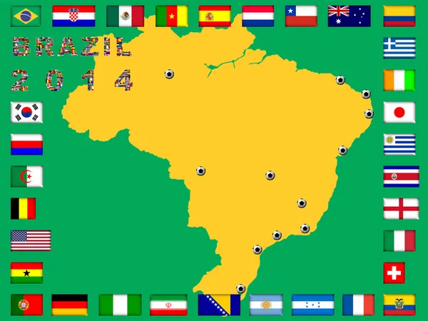 Brasil mapa con las naciones calificadas para el torneo 2014 . — Foto de Stock