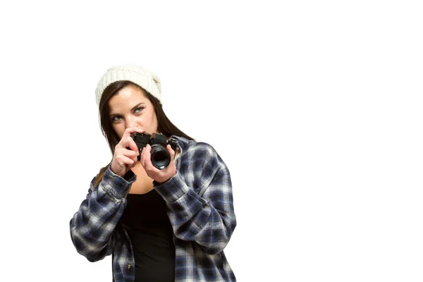 Woman preparing to take photograph — Stock Photo, Image