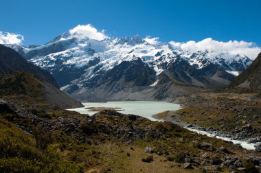 Cook Dağı Ulusal Parkı, Güney Adası, Yeni Zelanda 'daki güzel manzara ve buzullar