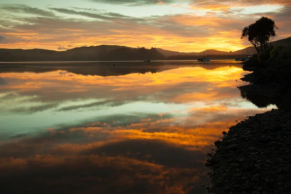 Waikawa defne gündoğumu zaman, south Island, Yeni Zelanda'nın güzel manzara — Stok fotoğraf