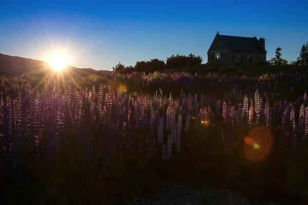 Schöne Aussicht und Landschaft am Tekapo-See bei Sonnenaufgang, Südinsel, Neuseeland — Stockfoto