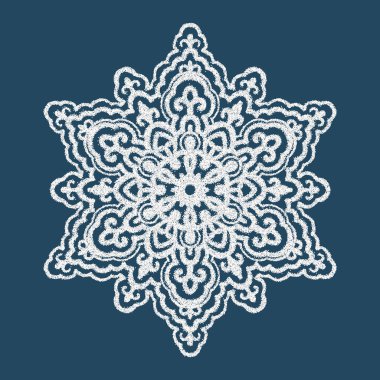 Tek renkli mandala siyah bir arkaplanda izole edilmiş. Beyaz bir kar tanesi. Noktalarla çiziyorum. Elle çizilmiş illüstrasyon. Vektör.