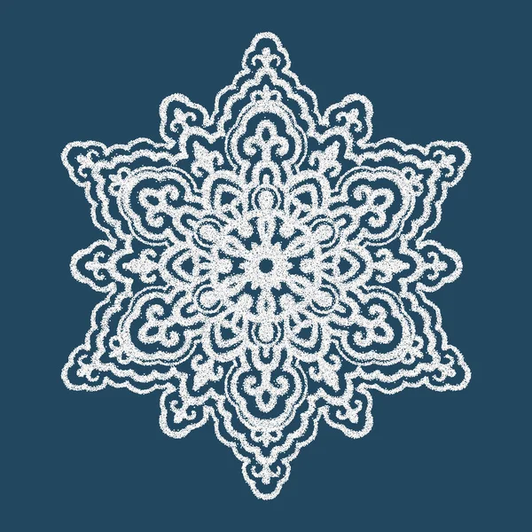 Tek renkli mandala siyah bir arkaplanda izole edilmiş. Beyaz bir kar tanesi. Noktalarla çiziyorum. Elle çizilmiş illüstrasyon. Vektör.