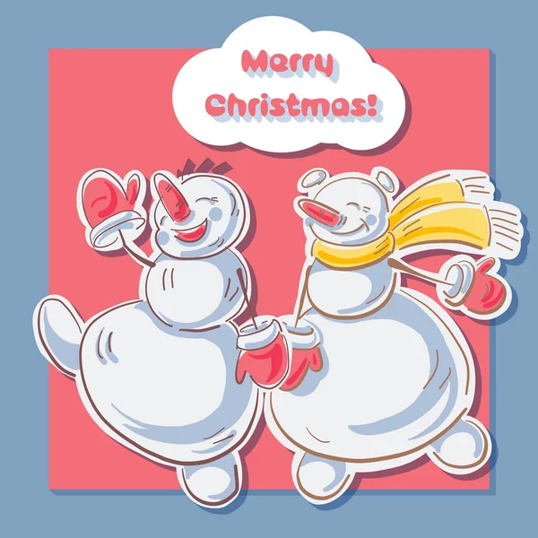 Tarjeta Navidad Con Muñecos Nieve Divertidos Ilustración Vectorial Estilo Plano — Vector de stock