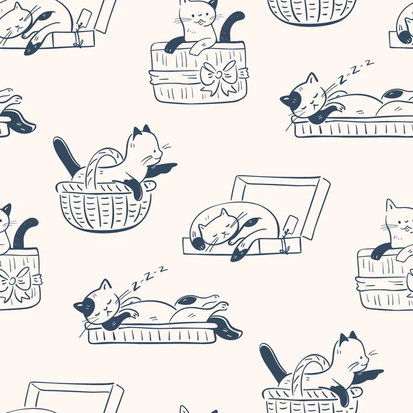 Seamless Pattern Funny Cartoon Kittens Black White Drawing Vector Illustration — Stock Vector