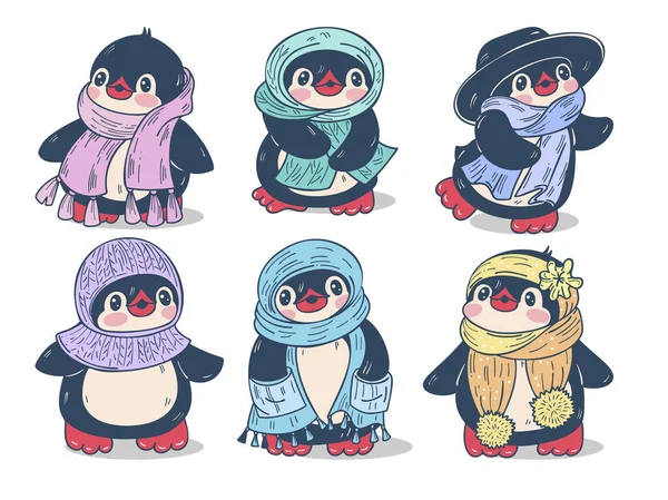 冬のイラスト 白い背景に隔離された暖かいスカーフで面白い漫画ペンギン ベクトル — ストックベクタ