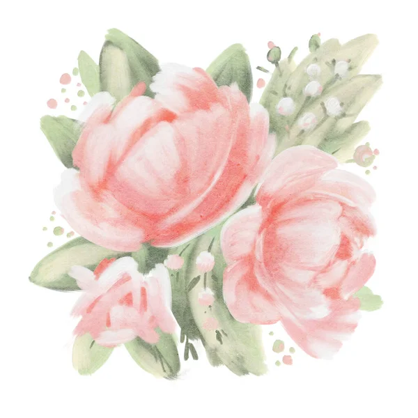 Flowers Isolated White Background Peonies Oil Painting Hand Drawn Illustration — Stock Photo, Image