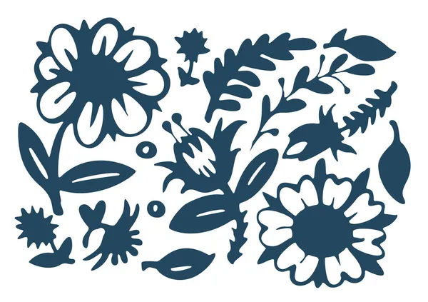 Fleurs Feuilles Monochromes Isolées Sur Fond Blanc Illustration Vectorielle — Image vectorielle