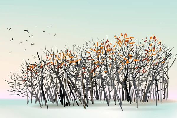 Paysage Hivernal Avec Forêt Brouillard Oiseaux Illustration Vectorielle — Image vectorielle