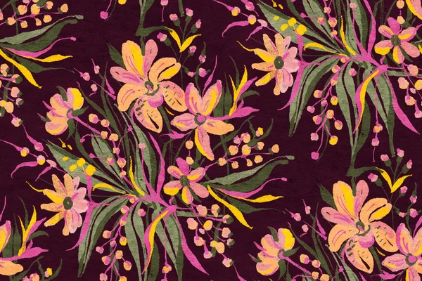 Płynny Wzór Jasnymi Tropikalnymi Kwiatami Tkanin Letnich Malarstwo Akrylowe Ręcznie — Zdjęcie stockowe