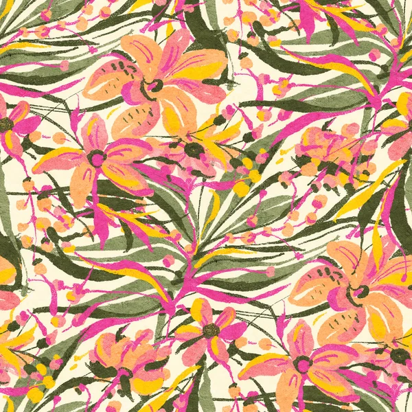 Sömlöst Mönster Med Ljusa Tropiska Blommor För Sommartyger Akrylmålning Handritad — Stockfoto