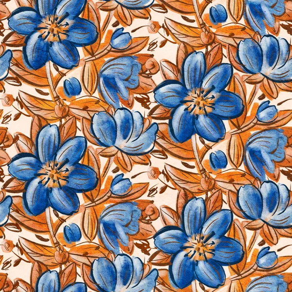 Seamless pattern with bright tropical flowers  for summer fabrics.  Acrylic painting.. Hand-drawn illustration. 