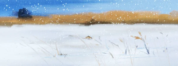 Paysage Hivernal Avec Rivière Forêt Peinture Huile Illustration Dessinée Main — Photo