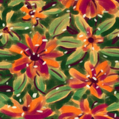 Yaz kumaşları için parlak tropikal çiçeklerle kusursuz desen. Akrilik resim. El çizimi illüstrasyon. 