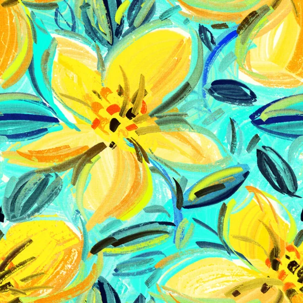 Nahtloses Muster Mit Leuchtenden Tropischen Blumen Für Sommerstoffe Acrylmalerei Handgezeichnete — Stockfoto