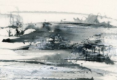 Soyut kış manzarası. Suluboya ve mürekkeple çizilmiş bir resim. El çizimi illüstrasyon.