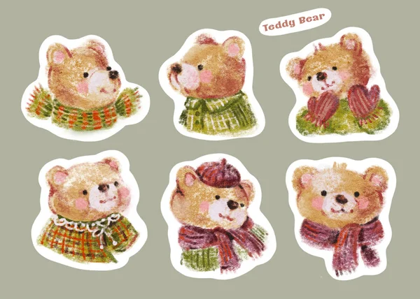 A set of stickers with cute Teddy Bears. Drawing with colored pencils