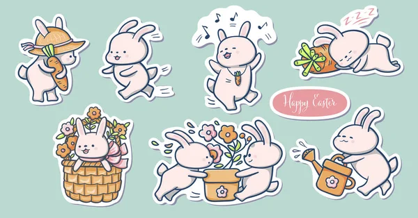 Handgetekende Illustratie Van Grappige Cartoon Bunnies Een Setje Stickers Vector — Stockvector