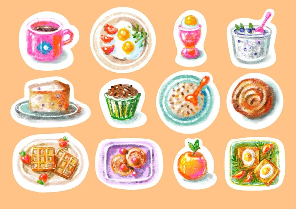 Set Stickers Various Breakfasts Isolated Background Drawing Colored Pencils — ストック写真