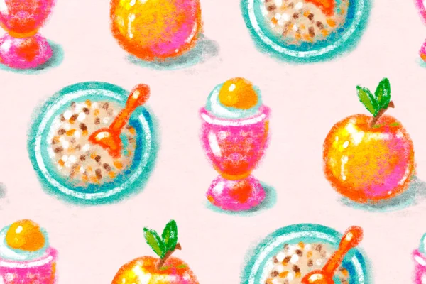 Seamless Pattern Various Breakfasts Isolated Background Drawing Colored Pencils — Stock fotografie