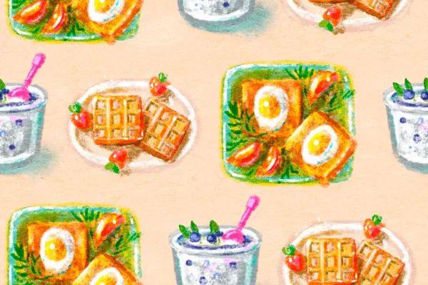 Seamless Pattern Various Breakfasts Isolated Background Drawing Colored Pencils — Stockfoto