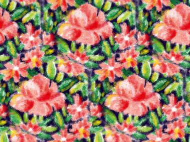 Yaz kumaşları için parlak tropikal çiçeklerle kusursuz desen. Akrilik resim. El çizimi illüstrasyon. 