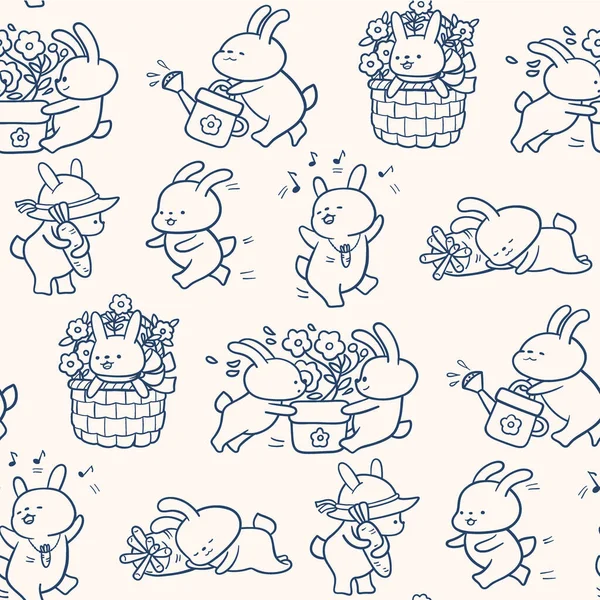 Monochrome Seamless Pattern Funny Cartoon Bunnies Hand Drawn Illustration Vector — Stock Vector