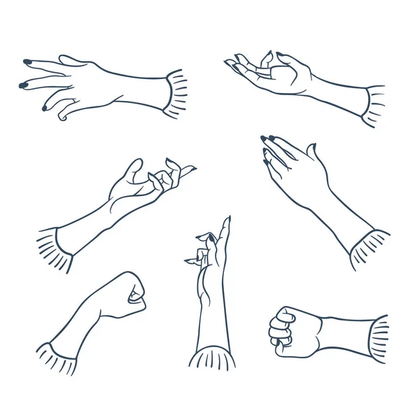 Ensemble Croquis Des Mains Dans Différentes Positions Illustration Vectorielle — Image vectorielle