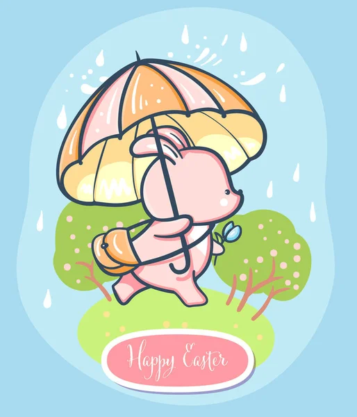 Carte Pâques Lapin Pâques Avec Parapluie Illustration Dessinée Main Vecteur — Image vectorielle