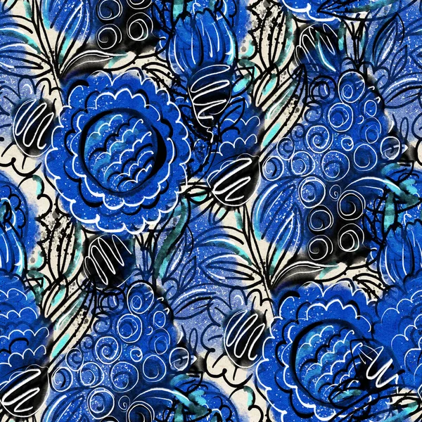Seamless pattern with bright tropical flowers  for summer fabrics.  Acrylic painting. Hand-drawn illustration. 