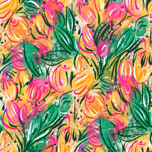 Seamless pattern with bright tropical flowers  for summer fabrics.  Acrylic painting. Hand-drawn illustration. 