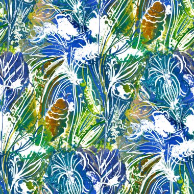 Yaz kumaşları için parlak tropikal çiçeklerle kusursuz desen. Akrilik resim, elle çizilmiş resim.. 