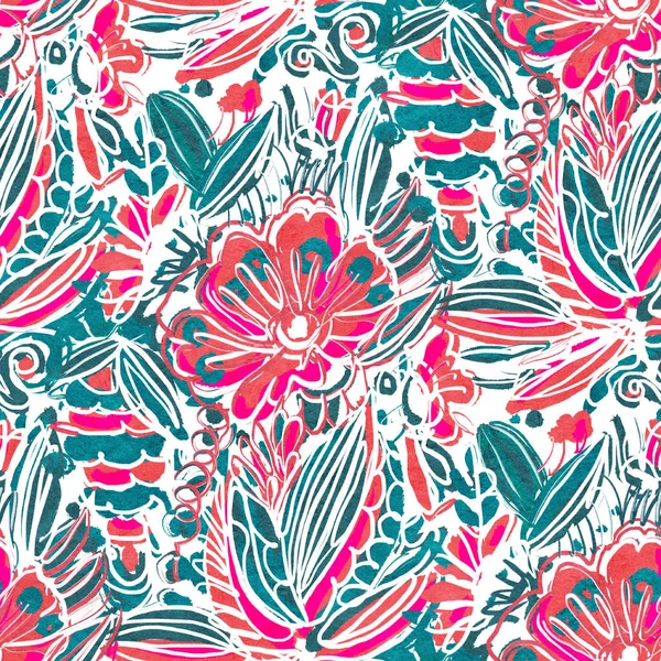 Seamless pattern with bright tropical flowers  for summer fabrics.  Acrylic painting.. Hand-drawn illustration. 