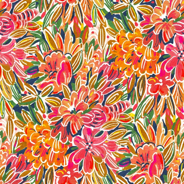 Nahtloses Muster Mit Leuchtenden Tropischen Blumen Für Sommerstoffe Acrylmalerei Handgezeichnete — Stockfoto