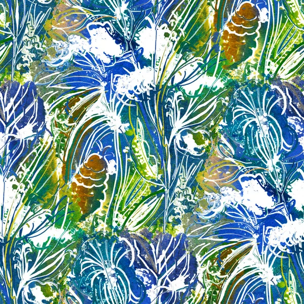 夏日面料的无缝图案 热带艳丽的花朵 丙烯酸画手绘插图 — 图库照片