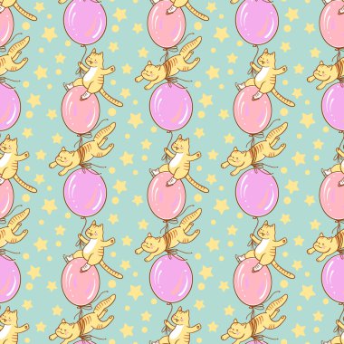 Kusursuz desenli. Balon üstünde komik çizgi film kedileri. Vektör illüstrasyonu.