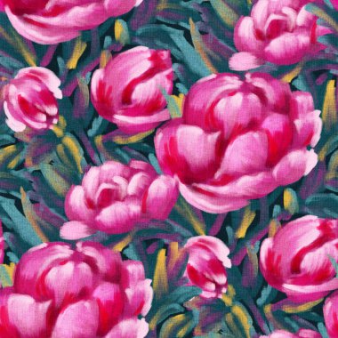 Şakayıklarla kusursuz bir düzen. Yağlı boya. El çizimi illüstrasyon. 