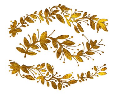 Yaprakları altın işlemeli dallar. Bir dizi dekoratif unsur. El çizimi illüstrasyon.