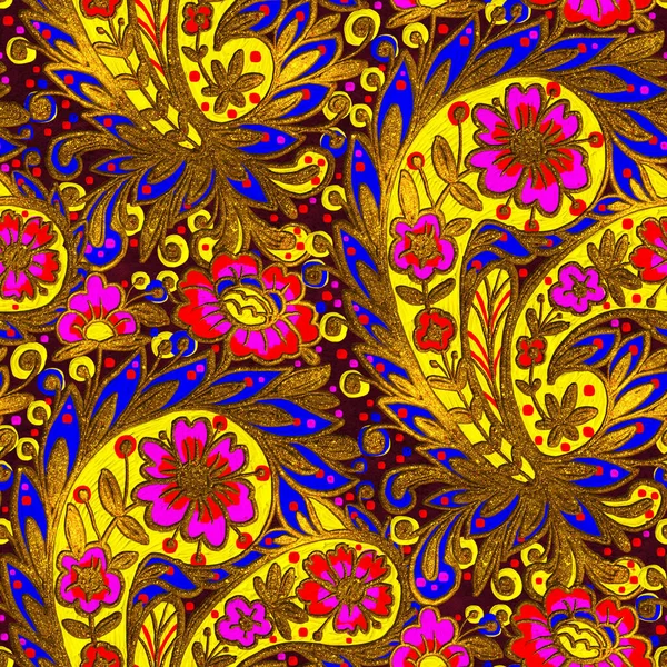 Impresión Paisley Bordado Dorado Con Flores Hojas Patrón Sin Costuras —  Fotos de Stock