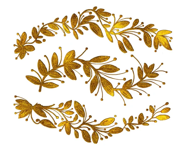 Branches Leaves Embroidered Gold Set Decorative Elements Hand Drawn Illustration — Stock Photo, Image