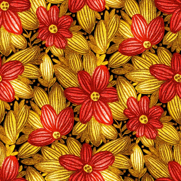 Bordado Dorado Con Flores Hojas Patrón Sin Costuras Ilustración Dibujada — Foto de Stock