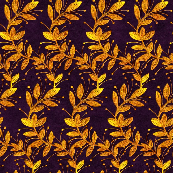 Goldstickerei Mit Blüten Und Blättern Nahtloses Muster Handgezeichnete Illustration — Stockfoto