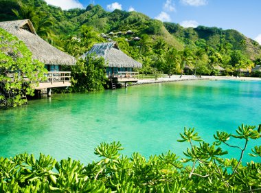 Over water bungalows and a green lagoon clipart