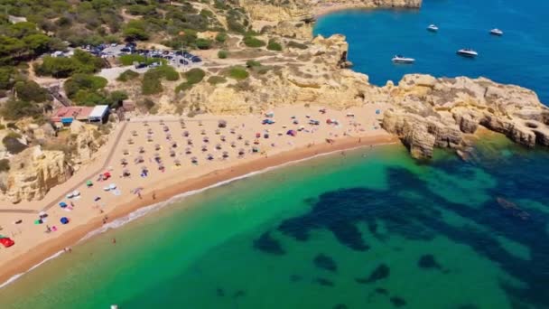Praia Castelo Plajı Albufeira Algarve Portekiz Panoramik Hava Aracı Görüntüsü — Stok video