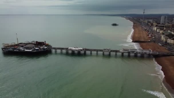 Brighton Pier Aerial Panoramic View Sunny Day — Stock Video