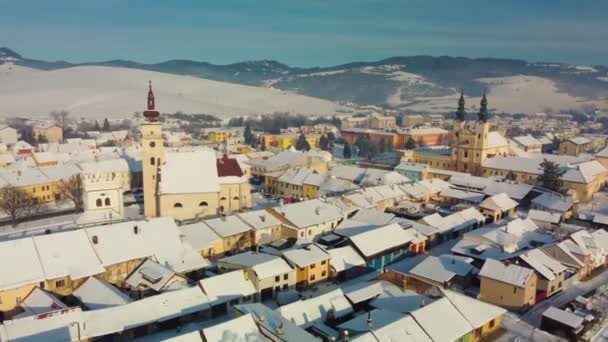 Luchtfoto Panorama Van Stad Podolinec Winter Slowakije Buurt Van Hoge — Stockvideo