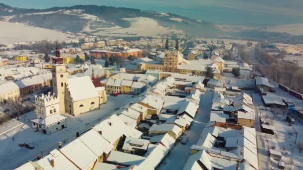 Luchtfoto Panorama Van Stad Podolinec Winter Slowakije Buurt Van Hoge — Stockvideo